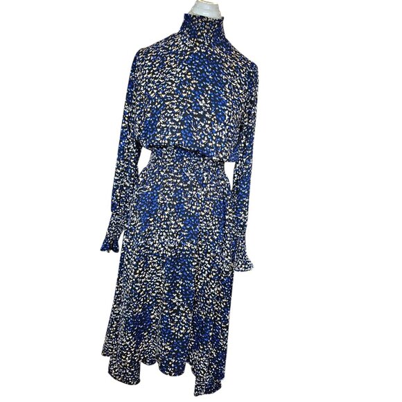 Nanette Lepore Longsleeve Dress Blue Blouson Smocked High‎ Low Office Size 8 - Picture 1 of 9